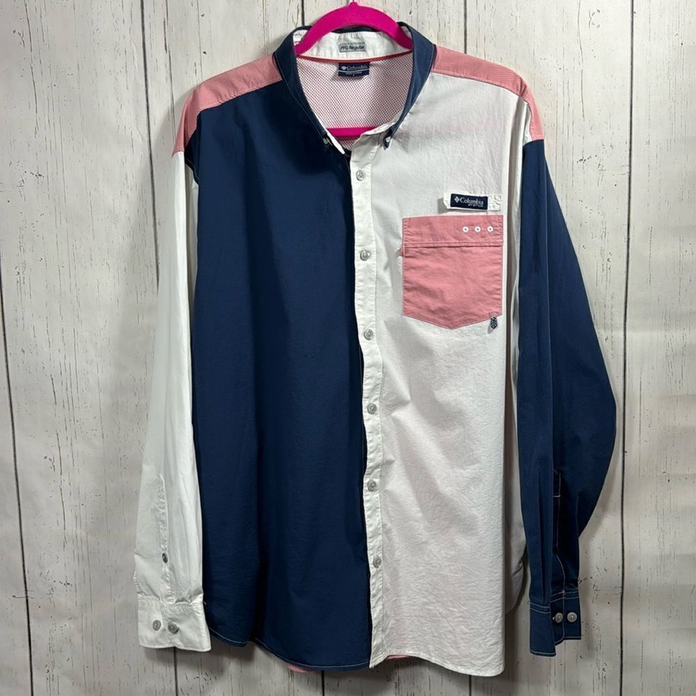Columbia PFG Mens Colorblock Fishing Button Up Shirt Pink Blue L Coastal Outdoor